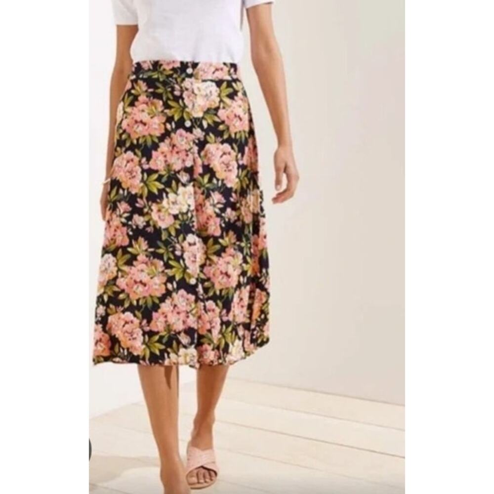 LOFT Floral Midi Skirt Black Pink Button Front Viscose Women’s Small